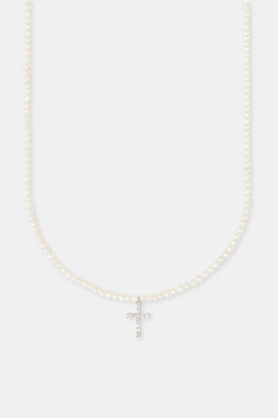 Iced Cross Pendant Freshwater Pearl Necklace - 15mm