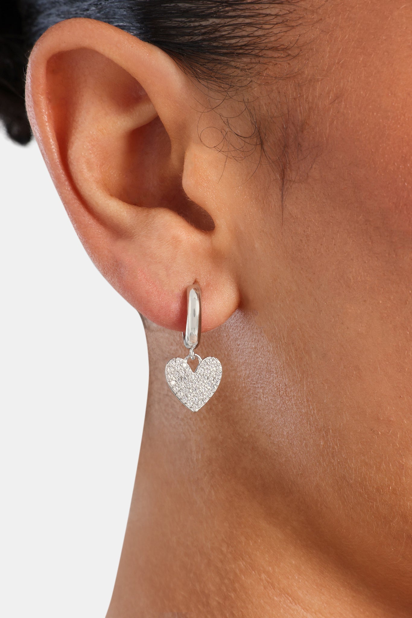 Iced Heart Huggie Hoop Earrings - White - 20mm