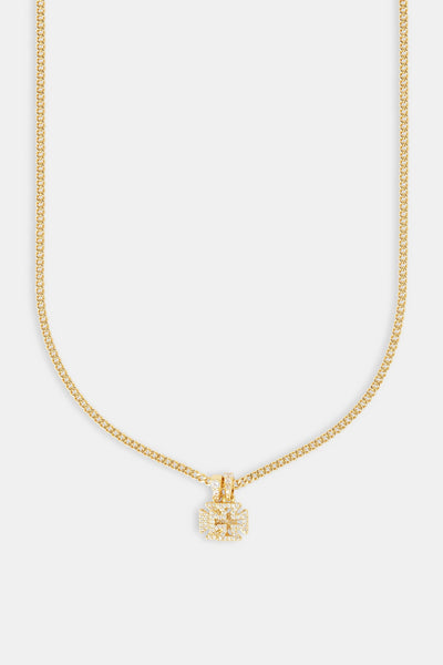 Iced Double Cross Motif Cuban Necklace - 10mm - Gold